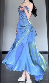 Blue Satin Long Straps Prom Dress Wine Red A-line Party Dress